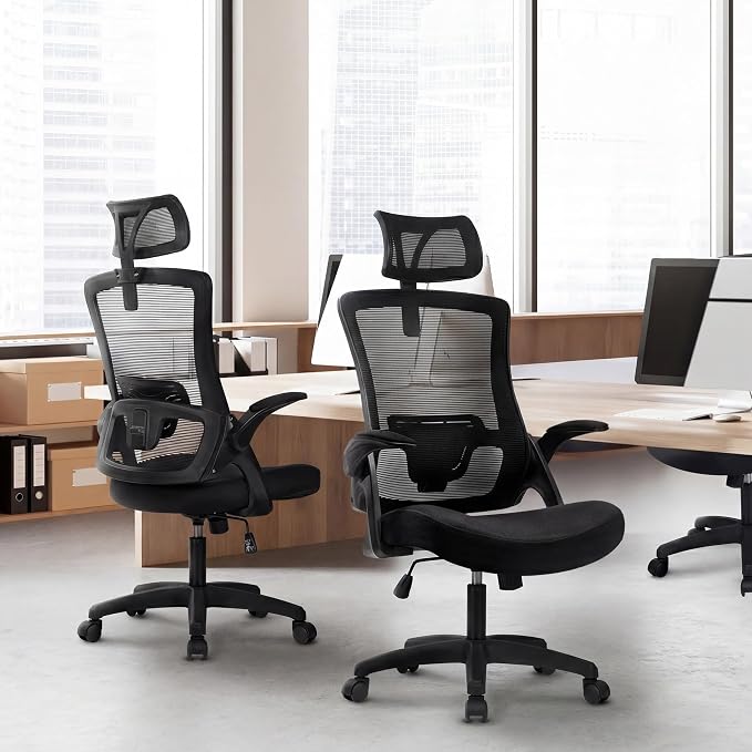 NEO CHAIR Office Desk Chair Gaming Computer High Back Support Mesh Comfy Seat with Adjustable Ergonomic Headrest Lumbar Rolling Flip-up Armrests and Wheels (Black)