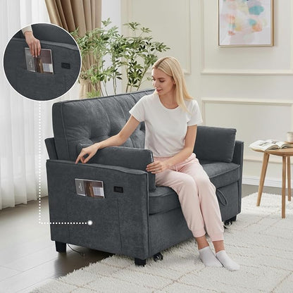 3 in 1 Convertible Sofa Bed, Pull Out Couch with Side Pocket, Sleeper Sofa with Adjustable Backrest | USB Charging Port | Two Pillows | Fabric | Charcoal Grey