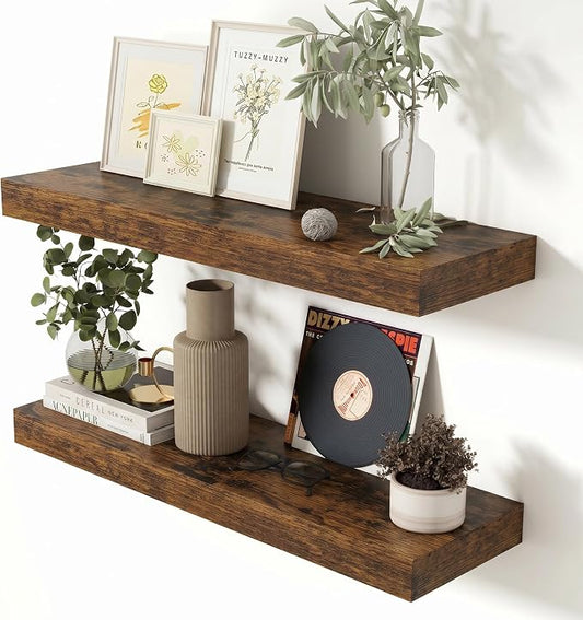 Heimlove 28 Inch Floating Shelves for Wall Rustic Brown Shelves Set of 2,Wall Mounted Rustic Wood 8 Inch Deep Floating Shelf with Invisible Brackets for Bedroom Kitchen Living Room