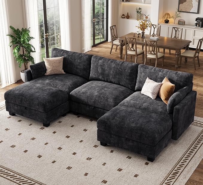 Sectional Couches for Living Room, U Shaped Modular Sectional Sofa, Cloud Couch with Storage Ottoman, Comfy Chenille Sofa with Pillow, Black