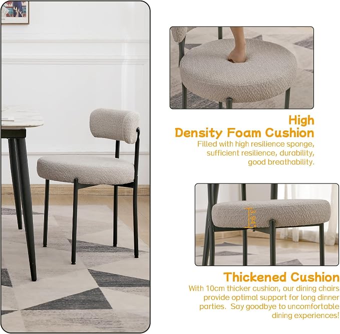 EDWELL Boucle Dining Chairs Set of 2, Round Upholstered Dining Room Chairs with Black Metal Legs, Modern Kitchen Dining Room Chairs for Kitchen, Living Room