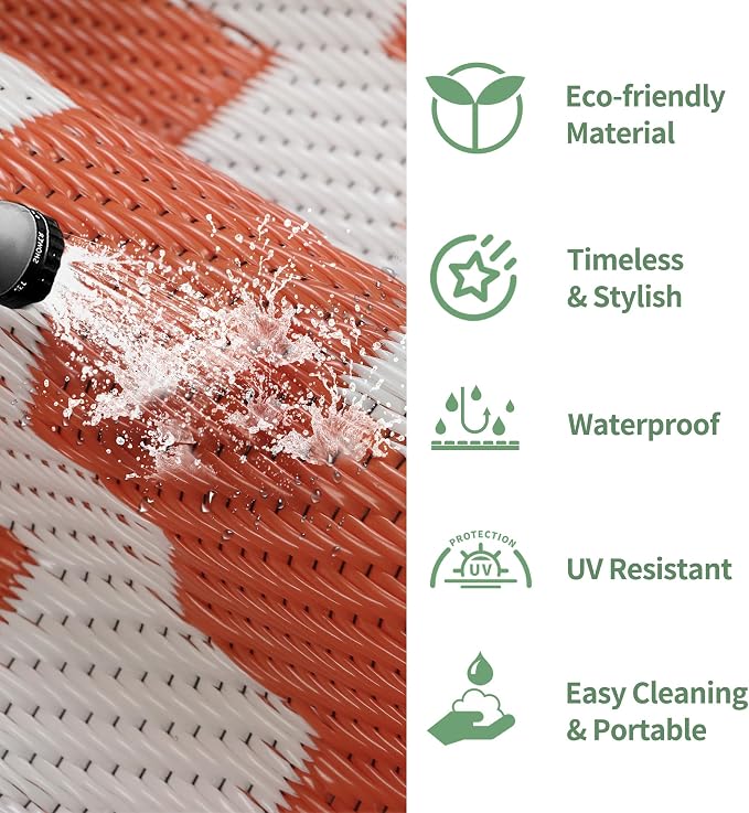 GENIMO Outdoor Rug for Patio, 6'x9' Fall Reversible Plastic Straw Rugs, Waterproof Halloween RV Camping Mat Lightweight Carpet for Camper, Balcony, Deck, Backyard, Picnic, White Orange