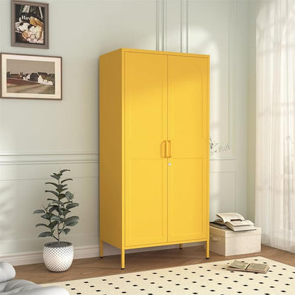 Lockable Closet Metal Wardrobe 67" Yellow 2 Door Wardrobe Bedroom Storage Cabinet Adjustable shelf Multi functional metal Storage Cabinet with hanging rail for domestic use 18.1" D x 31.5" W x 67" H
