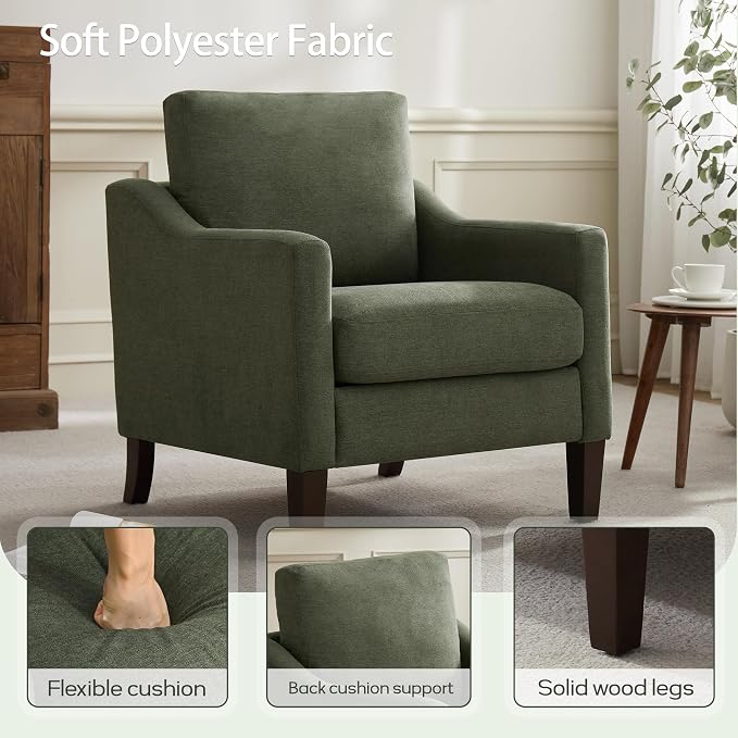 VKNOW Mid-Century Accent Chair, No Tools Assembly Required, Modern Upholstered Polyester Armchair for Living Room,Comfy Reading Accent Chairs with Wood Legs for Bedroom, Green