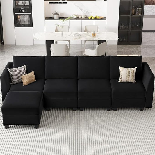 Belffin Modular Sectional Sofa Couch with Reversible Chaise Velvet L Shaped Storage 4-seat Convertible Black
