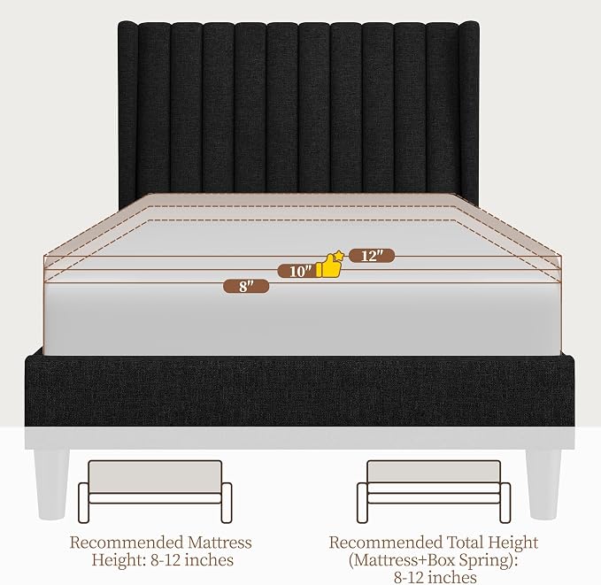 Yaheetech Twin Bed Frame Upholstered Platform Bed with Fabric Headboard, Wing Edge Design/Non-Slip and Noise-Free/Wooden Slats Support/No Box Spring Needed/Easy Assembly,Black Twin Bed