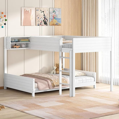 Full XL Over Full XL Bunk Bed with Built-in Storage Shelf & Ladder, Wood Bed Frame with Support Slats, Space-Saving Design, White