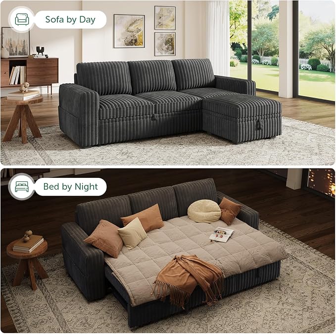 HONBAY Modular Sectional Sofa with Pull Out Bed,Corduroy L Shaped Sleeper Sofa with Storage, Sectional Couches for Living Room,Dark Grey