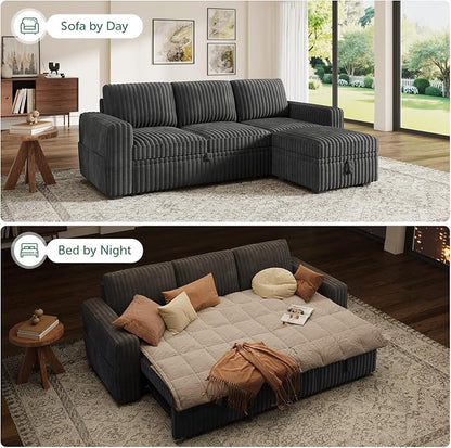 HONBAY Modular Sectional Sofa with Pull Out Bed,Corduroy L Shaped Sleeper Sofa with Storage, Sectional Couches for Living Room,Dark Grey