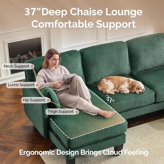 VINGLI 108" W U-Shaped Sectional Couches for Living Room, Sturdy Wooden Armrest Corduroy Cloud Couch with Double Chaise, High Support Modern 4-Seat Sectional Sofa for Apartment, Offices, Dark Green