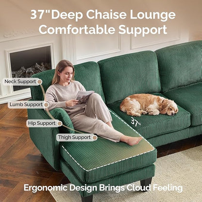 VINGLI 108" W U-Shaped Sectional Couches for Living Room, Sturdy Wooden Armrest Corduroy Cloud Couch with Double Chaise, High Support Modern 4-Seat Sectional Sofa for Apartment, Offices, Dark Green