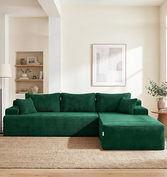 Hobestluk Modular Sectional Sofa Couches L-Shape Couch 3 Seat Modular Sofa Memory Foam Sectional Couches for Living Room, Cloud Couch with Oversized Chaise (Green Corduroy, 108", Right Hand Facing)
