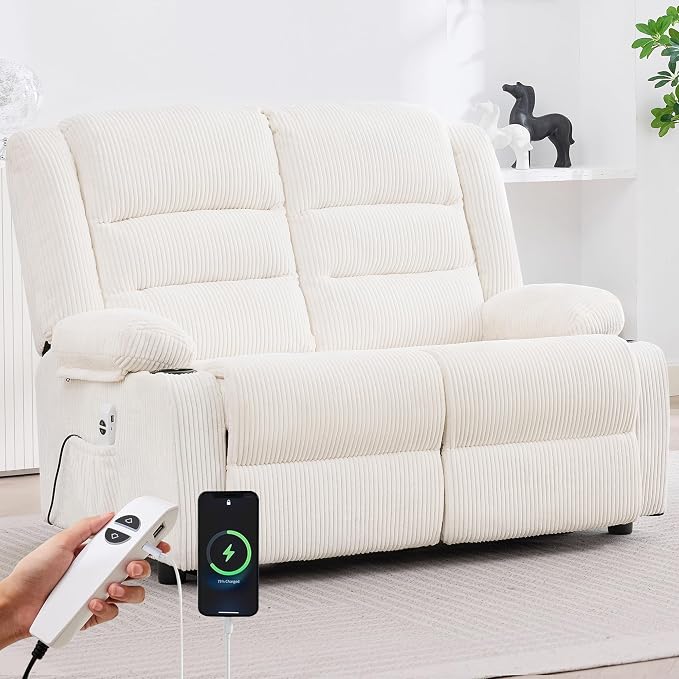 52Inch Reclining Loveseat Sofa,Power Loveseat Recliner,Electric Love seat Recliner Sofa for Bedroom,Living Room with Charging Ports,Striped White