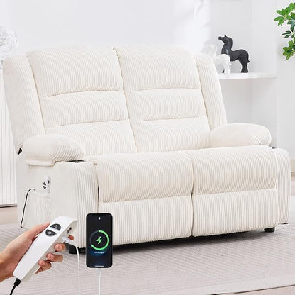 52Inch Reclining Loveseat Sofa,Power Loveseat Recliner,Electric Love seat Recliner Sofa for Bedroom,Living Room with Charging Ports,Striped White