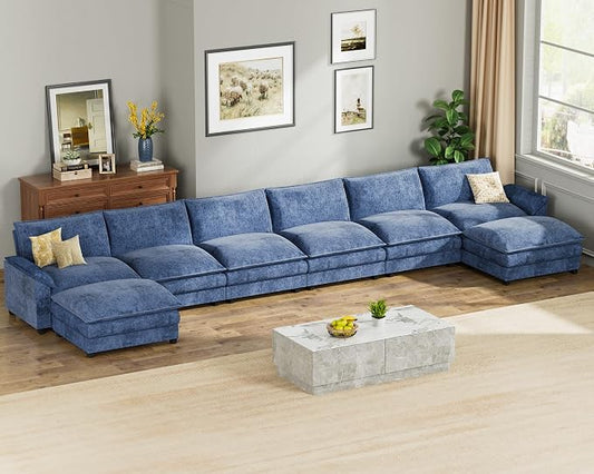 Homall 232" Modular Sectional Sofa, Oversized Sofa Couch with Reversible Ottoman, DIY Combination Chenille Deep 6-Seat Cloud Couch for Living Room, Apartment (Dark Blue, Oversized Sofa)