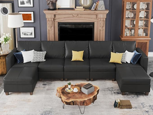 EASE MOOSE Faux Leather Sectional Couch Sofa with Storage,Faux Leather Modualr Sectional Sofa Black U Shaped Modular Couch