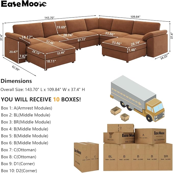 EASE MOOSE Oversized Sectional Modular Sofa, Large u Shape Sectional Couch Wide Deep Brown Modular Sofa Couch
