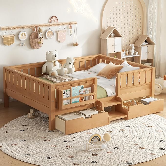 Bellemave Full Floor Bed with Stairs, Rails and Slats, Full Size Montessori Floor Bed with Bookshelf and 2 Storage Drawers, Easy Assemble Montessori Beds Frame for Girls, Boys, Deep Natural