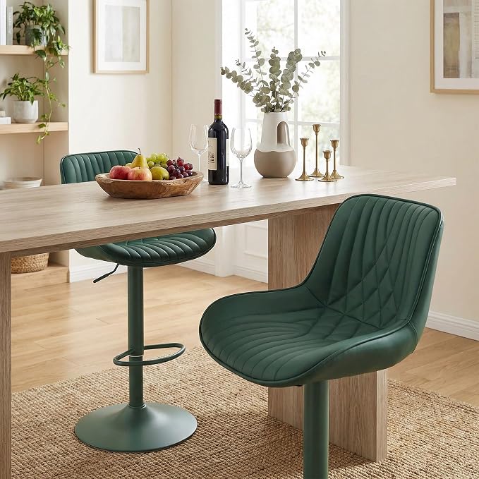 YOUTASTE Faux Leather Bar Stools Set of 2, All Dark Green Upholstered Counter Height Barstools with Back, Adjustable Swivel Stool Chair with Dark Green Metal Base for Home Kitchen Island
