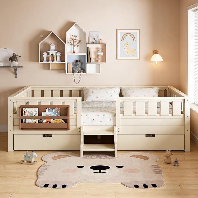 Queen Platform Bed with Storage Drawers and Bookshelves, Kids Platform Bed Frame with Low-profile Stairs and Full-length Guardrails, Queen Bed Frame for Boys, Girls, No Box Spring Needed, Beige