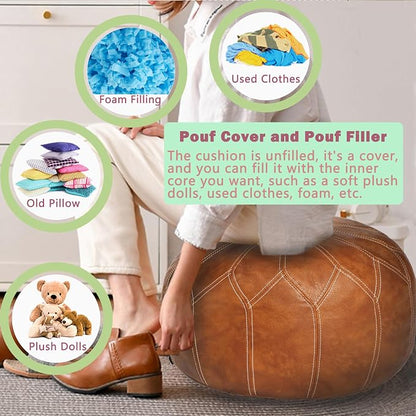 Thgonwid Unstuffed Moroccan Faux Leather Pouf Ottoman Cover with Storage - Boho Chic Multi-Use Footrest for Living Room, Bedroom, Patio - Round Ethnic Floor Cushion & Decorative Accent, Brown