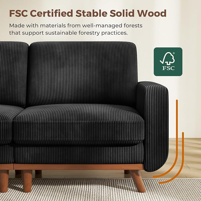 Convertible U-Shaped Corduroy Sectional Sofa, 3-Seater Couch with 2 Ottomans, FSC Solid Wood Frame, Spring Cushions, Black