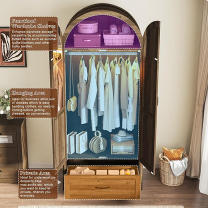 Squireewo 2 Doors Armoire Wardrobe Closet with Doors and Drawers, 71" Farmhouse Arched Wooden Wardrobe Cabinet with Mirror and Lights, Large Armoire Storage Cabinet with Shelves & Hanging Rod,Oak