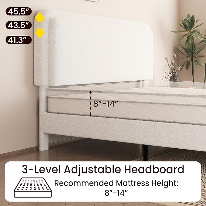 King Size Boucle Upholstered Bed Frame with Adjustable Headboard, Cloud Platform Bed, Solid Wooden Legs, No Box Spring Needed, Easy Assembly, White