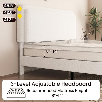 King Size Boucle Upholstered Bed Frame with Adjustable Headboard, Cloud Platform Bed, Solid Wooden Legs, No Box Spring Needed, Easy Assembly, White