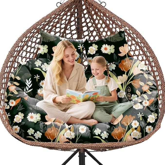 Double Egg Chair Cushion Replacement Waterproof for Outdoor Patio Hanging Basket Egg Chairs Cushion, 59x43-Inch Thickened Cotton Large Double Eggs Swing Chair Cushions, Black Peony