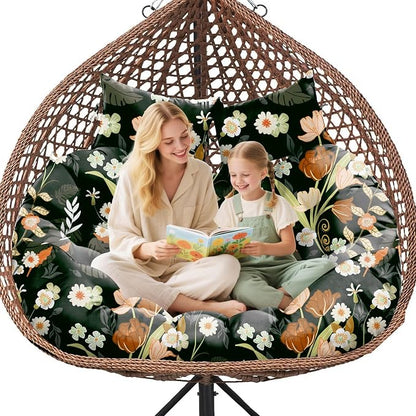 Double Egg Chair Cushion Replacement Waterproof for Outdoor Patio Hanging Basket Egg Chairs Cushion, 59x43-Inch Thickened Cotton Large Double Eggs Swing Chair Cushions, Black Peony