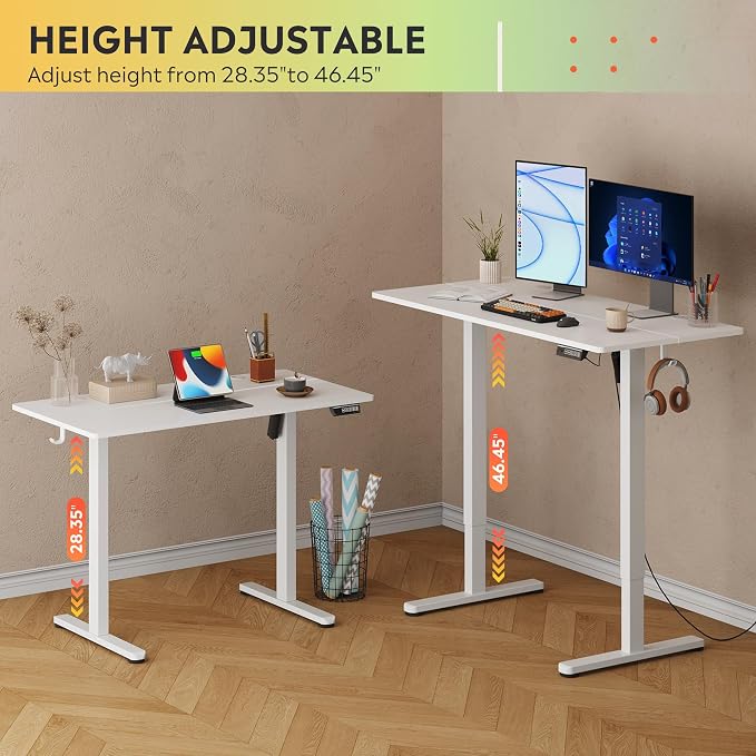 DEVAISE 48 Inch Electric Standing Desk, 3 Adjustable Computer Desk for Home Office, Ergonomic Sit to Stand Desk with LED Touchscreen，Headphone Hook, 3 Memory Preset, with Split Top, White