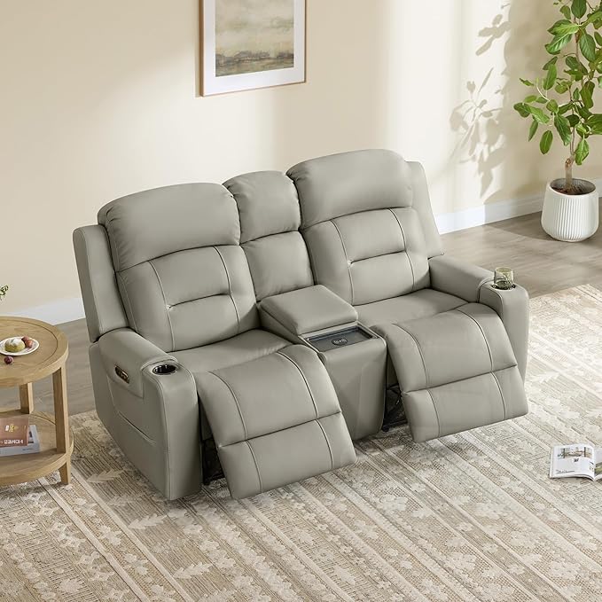 Watson & Whitely Genuine Leather Power Loveseat and Recliner Sofa Set, Lay Flat Reclining Couch with Console, Power Headrest, USB & Wireless Charging, Cup Holders for Living Room, Grey