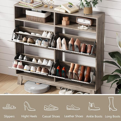 Shoe Cabinet Storage for Entryway with 4 Flip Drawers, Fluted Narrow Shoe Organizer with Wooden Legs & Top Cubby, Freestanding Slim Shoe Storage Hidden Shoe Rack for Front Door Entrance, Grey