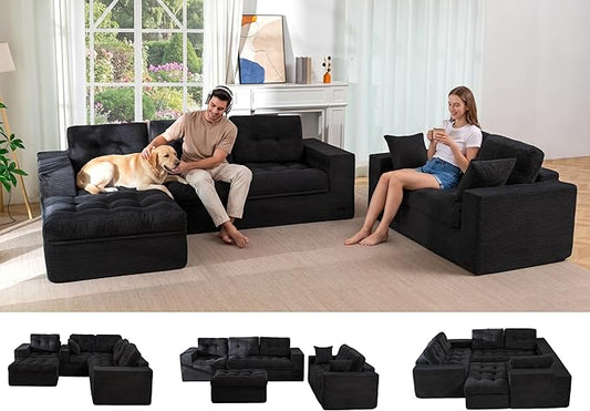 MAXYOYO Modular Sectional Sofa with Ottoman and Loveseat, Cloud Boneless Couch with Layered Cushion, Flexible Module Combination Sofa for Living Room, No Assembly Required,Black
