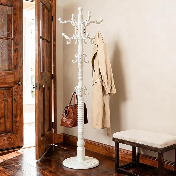 Wooden Coat Rack Freestanding with 18 Hooks, Adjustable Height Coat Tree Free Standing Heavy Duty for Entryway, Easy Assembly Solid Wood Sturdy Coat Hats Hanger Stand for Office Hallway Bedroom,White