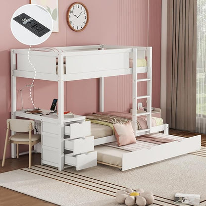Harper & Bright Designs Twin Over Twin Bunk Bed Twin Size Trundle, Wood Twin Bunk Bed with USB Ports, Storage and Desk, White