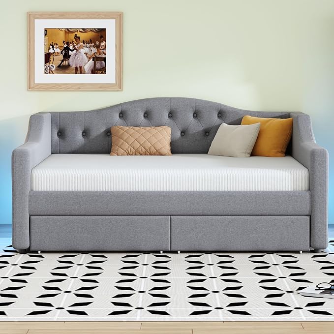 Merax Twin XL Size Modern Upholstered Platform Bed with 2 Drawers, Linen Sofa Daybed with Wood Slat Support, Storage Bed Frame, Space Saving/Gray