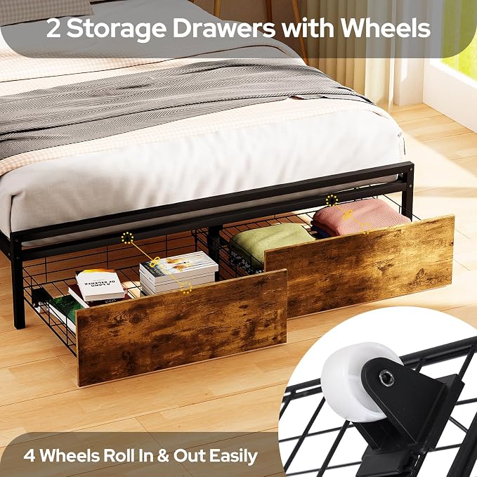 Zevemomo Queen Bed Frame with Drawers, LED Queen Bed Frame with Headboard, Charging Station with 3 USB Ports & 1 Type-C Port, No Noise, Rustic Brown