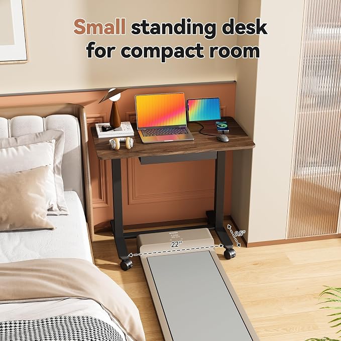 Mobile Standing Desk, 35inch Small Rolling Table with Drawer, Height Adjustable Sit Stand Workstation, Walnut Portable Laptop Cart with Hidden Wheels or Lockable Casters