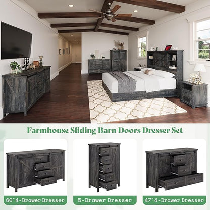 AMERLIFE 3-Piece Farmhouse Bedroom Set, Full Size Bed with Sliding Barn Doors & Bookcase Headboard, 5-Drawer Tall Dresser, 4-Drawer Wide Dresser, Black Oak