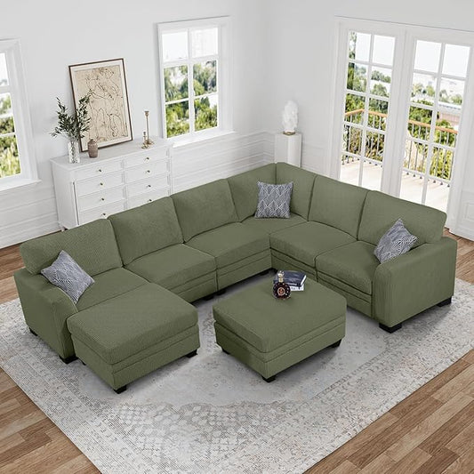 Legend Vansen Oversized Modular Sectional Sofa,8 Seat U Shaped Couch with Ottoman,Corduroy Sofa with Deep Seat,Convertible Large Sectional Couches for Living Room(Olive, U-8)