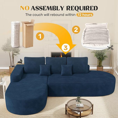 112" Modern Curved Cloud Couch, Boneless Couches for Living Room with Deep Seat, Memory Foam Compressed Modular Sectional Sofa, No Assembly Required,Navy Blue 1 PCS
