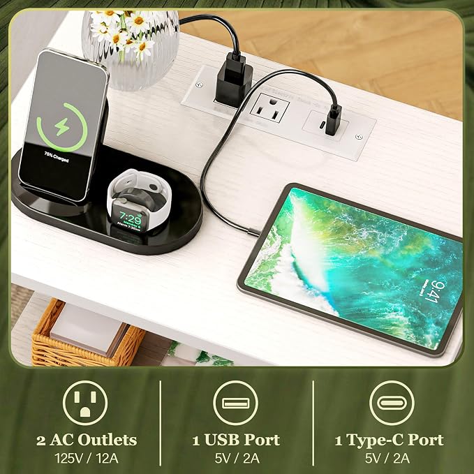 SUPERJARE Nightstand Set of 2, Bed Side Tables with Charging Station, Adjustable Fabric Drawer, Night Stand for Bedroom, 3-Tier Storage End Tables, White, 8694WC