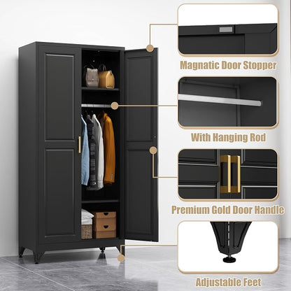 Armoire Wardrobe Closet with Hanging Rod, 71" Tall Metal Clothes Storage Cabinet with Doors and Adjustable Shelves, Black Wardrobe Cabinet, Steel Closet for Bedroom, Bathroom, Office, School