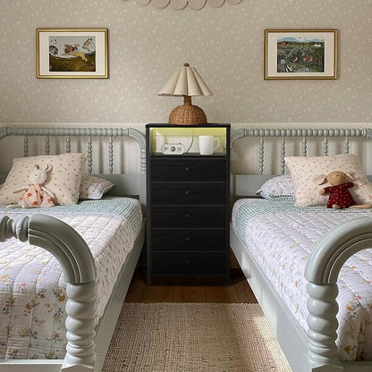 BOLUO Black Dresser with 5 Drawers Tall Nightstand with Charging Station and LED Light, Bedside Table Room Storage Drawers Closet