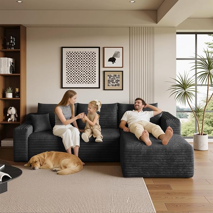 AUGOP 96" Sectional Couches for Living Room Modern Modular Sofa with L-Shape Couchs Upholstered Boneless Couch Deep Seat Sectional Couch with Chaise (Black, 96" Right Facing Chaise+2Seaters)