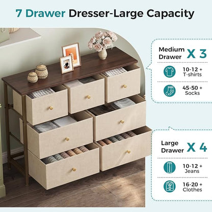 OLIXIS 7 Drawer Dresser for Bedroom, Tall Fabric Storage Tower with Sturdy Steel Frame and Wooden Top, Large Dresser for Living Room Entryway with Easy Pull Fabric Bins,Khaki