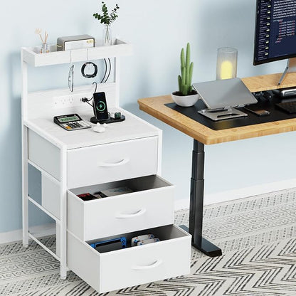 Night Stand with Charging Station Set of 2, LED Nightstand Bedside Table with USB Ports and Outlets, 3 Fabric Drawer End Side Table Night Stand Set 2 for Bedroom with Storage Shelf and 2 Hooks, White