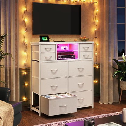 Romorgniz White Dresser for Bedroom with LED Lights & Power Outlets 2 AC & 2 USB, Fabric 10 Drawer Dressers & Chest of Drawers with Open Shelves for Hallway Living Room Closet, Metal Frame, Wood Top